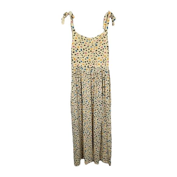 Zara Confetti Print Tie Strap Midi Dress Medium Yellow Stretch Knit Pockets - Picture 5 of 7